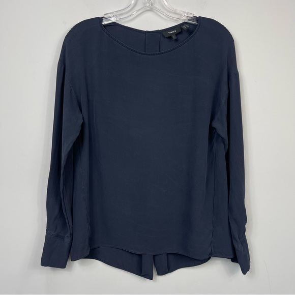 Theory Jarthstin Womens Silk Open Split Back Blouse Top Shirt Long Sleeves Navy - Picture 9 of 14